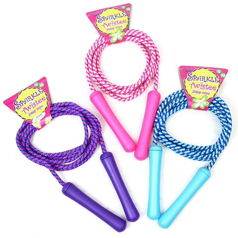 Adjustable Colorful Jump Rope 3 Pack For Kids And Teens Outdoor Indoor Fun Skipping Rope For Exercise Fitness Party Favor Durable Build Assorted Colors. Includes pink, purple, and blue ropes with plastic handles and packaging.