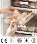 Person pulling drawer of Adjustable Egg Tray For Refrigerator With Pull Out Drawer Design Food Grade PP Plastic Egg Organizer