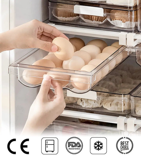 Person pulling drawer of Adjustable Egg Tray For Refrigerator With Pull Out Drawer Design Food Grade PP Plastic Egg Organizer