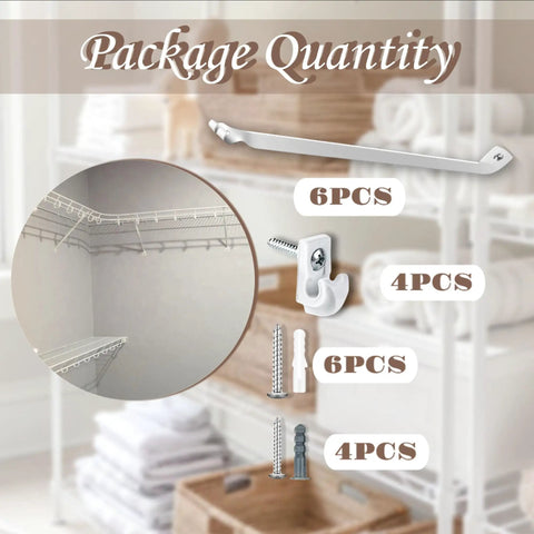 Heavy Duty Six Piece 12 Inch Wire Shelf Brackets With Rust Proof White Epoxy Coating Include Handy Shelf Clips And Mounting Hardware displayed with package quantity.