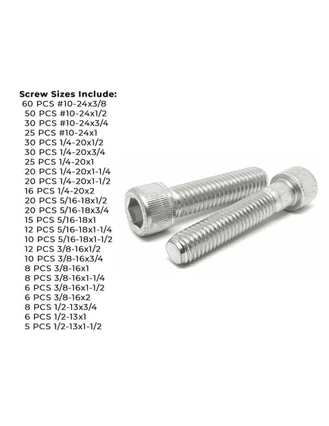 18-8 Stainless Steel Allen Socket Head Cap Screws Set With 453 Piece Coarse Bolts In Sizes Ten Quarter Inch Five Sixteenths Inch Three Eighths Inch And Half Inch In A Heavy Duty Locking Tray shown with size list