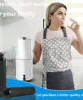 Woman drinking water with Silver Infused Water Filter Replacement For Berkey BB9-2 Black Carbon Block System in kitchen, pack of 4 shown