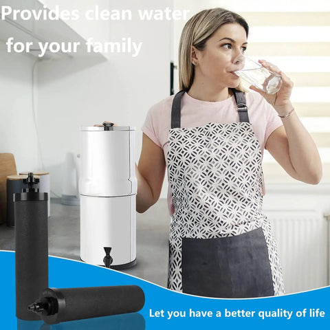 Woman drinking water with Silver Infused Water Filter Replacement For Berkey BB9-2 Black Carbon Block System in kitchen, pack of 4 shown