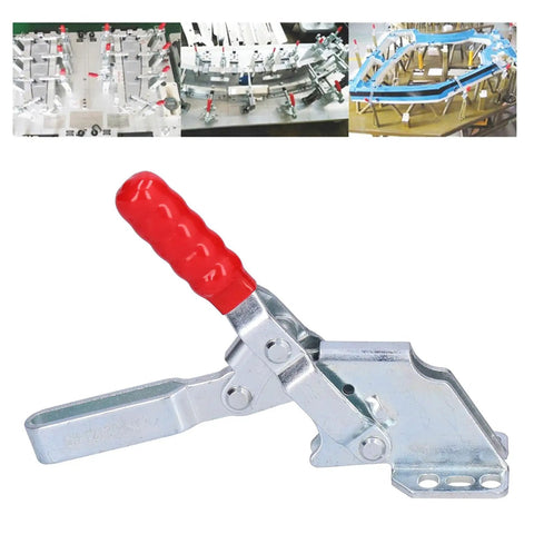 Heavy Duty Toggle Clamp Keeping Workpieces Locked Down Tight With Rock Solid Grip And Five Oh Seven Pound Clamping Force Adjustable Spindle Hold Down Hand Clamp For Woodworking Jigs Fixtures Drill Press And Welding Table; clamp with red grip.