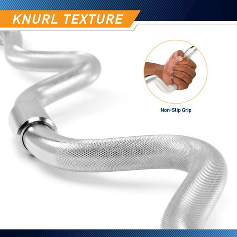 Close-up of knurl texture on Two Piece Threaded Curl Bar With Chrome Spin Lock Collars For Home Gym, emphasizing non-slip grip.