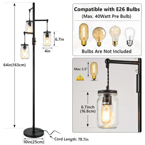 Industrial Floor Lamp With Mason Jar Shade 64 Inch Tall Black Standing Lamp 3 Light Vintage Tree Design Farmhouse Modern Rustic Lighting For Living Room And Bedroom