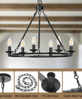 Solid Black Farmhouse Chandelier Fire Wagon Wheel Pendant Light Top Shelf Six Light Ceiling Fixture Top Tier Rustic Hanging Lamp with E12 base.