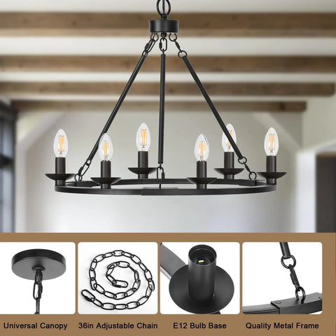 Solid Black Farmhouse Chandelier Fire Wagon Wheel Pendant Light Top Shelf Six Light Ceiling Fixture Top Tier Rustic Hanging Lamp with E12 base.