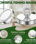 Two Junarter neodymium fishing magnets with eyebolt rings, 3.54 in, chrome-plated, 304-stamped