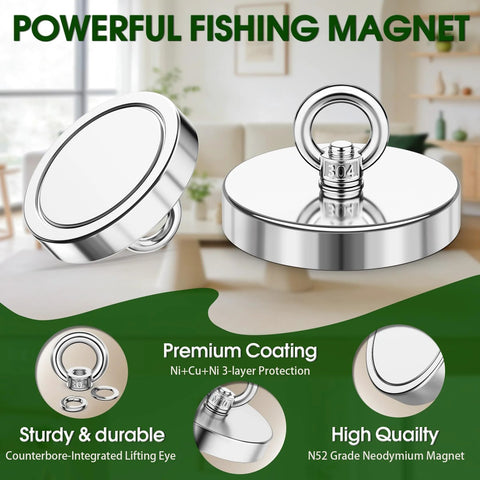 Two Junarter neodymium fishing magnets with eyebolt rings, 3.54 in, chrome-plated, 304-stamped