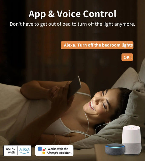 Person using Alexa control for Ultra Thin 6 Inch RGB LED Recessed Lights Canless IC Rated Dimmable Downlights with phone in bed