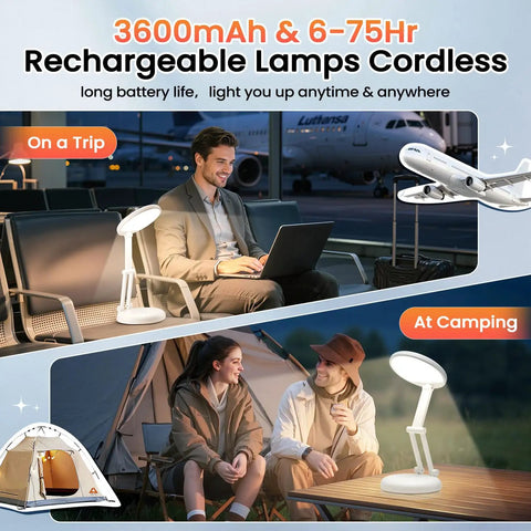 Cordless Desk Lamp With 3600mAh Rechargeable Battery used for travel and camping, showing versatility in various settings