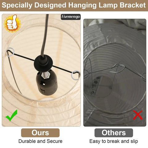 Large Off White Paper Pendant Light 23.6 Inch Japanese Rice Paper Ceiling Lamp With Cord And Canopy showing a secure hanging lamp bracket.
