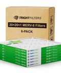 Stack of 6-pack 20x20x1 MERV 8 Pleated HVAC filters for furnace and AC units, featuring packaging box.