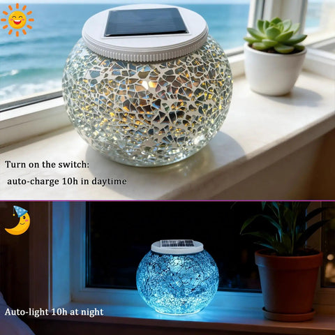 Color Changing Solar Powered Glass Ball Lights For Garden Patio And Indoor Decor Waterproof Table Lamp Night Light With Auto On Off Sensor Energy Saving Outdoor Yard Vibe Lighting Perfect Gift placed on windowsill by daylight and night.