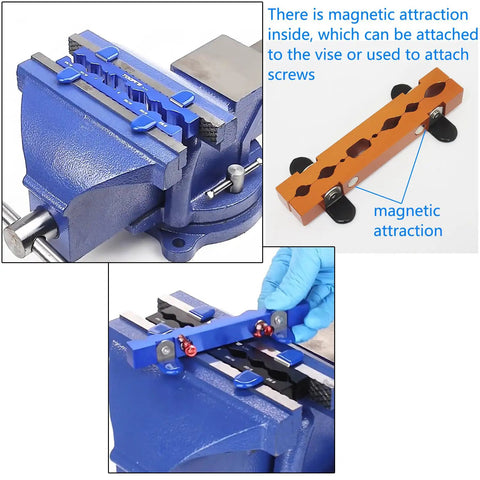 Magnetic Clamp Vise For Bike Parts Adjustable Axle Spindle Holder in use, showing blue vise and orange magnetic holder.