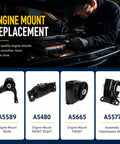 Premium 4 Pack Engine Motor Mount Set For Dodge Grand Caravan Chrysler Town And Country Ram Cargo Van And Volkswagen Routan V6 3.6 Liter shown with various mounts.