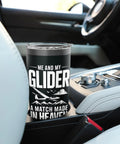 Black insulated stainless steel tumbler with glider design in car, text "Me and My Glider, A Match Made in Heaven."