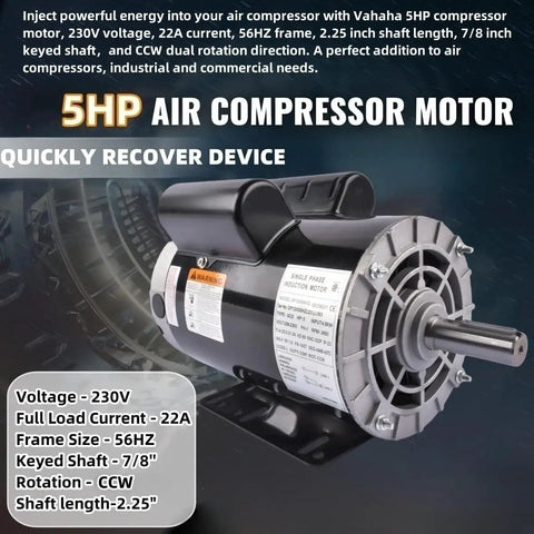 5HP Air Compressor Electric Motor 230V 22A Single Phase 3450RPM 56HZ Open Drip Proof Frame With Seven Eighths Inch Keyed Shaft