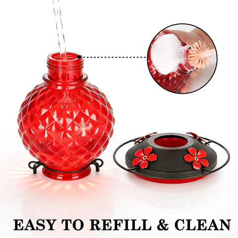 25 Oz Glass Hummingbird Feeder With Ant Moat And Bee Proof Feeding Ports, 360 Degree Perch, Leak Proof Outdoor Hanging Design