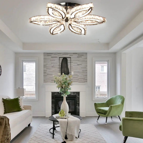 Living room with 20 Inch Dimmable Modern Crystal Chandelier With LED Flower Design, K9 Crystal Pendant Ceiling Light installed