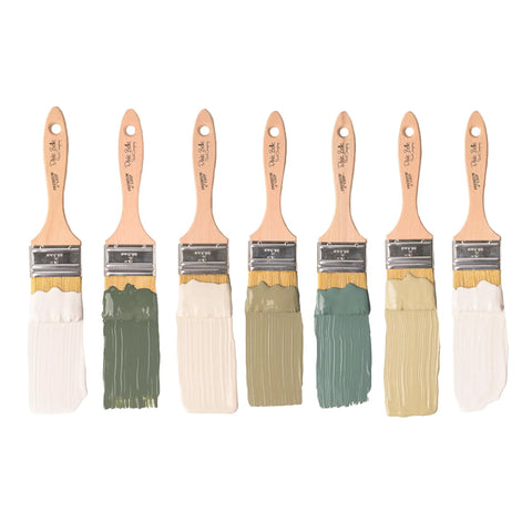 Seven paintbrushes with various colors including Drop Cloth Chalk Mineral Paint For Furniture In Matte Linen White 16 Oz Easy DIY