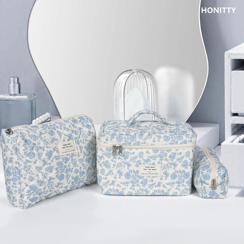 Floral Quilted Makeup Bag Set For Women Large Cotton Cosmetic Pouch Trio With Three Sizes Travel Toiletry Organizer Case