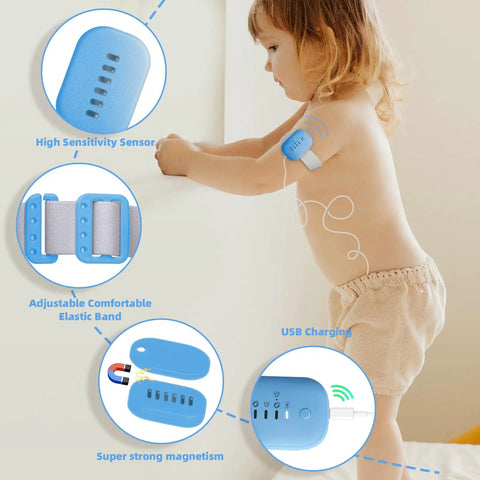 USB Rechargeable Bed Wetting Alarm for Boys and Girls With Ultra Sensitive Sensor, Loud Beep and Strong Vibration, Kid Friendly Potty Training Aid for Nighttime Enuresis, Quick Wake Up Call, Durable and Easy to Use, Blue on toddler wearing elastic band