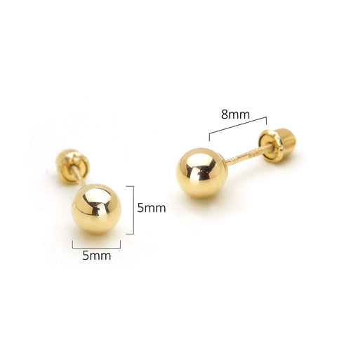 14K Yellow Gold Hollow Ball Stud Earrings With Secure Screw Back For Kids And Baby Girls 5mm Lightweight Hypoallergenic Gold Jewelry That Stays Put And Adds Subtle Shine For Everyday Wear. 5mm gold ball studs with 8mm screw back