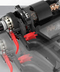 Close-up of Heavy Duty Electric Blind Riveter 600 Watt Power Tool showing internal mechanics and red handles.
