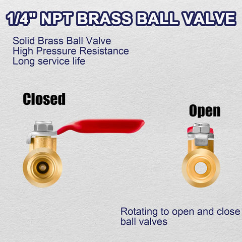 1/4 inch NPT brass ball valve showing closed and open positions with red lever for the 2-Pack Quarter Inch NPT Brass Ball Valve Kit With Shut Off Valve, Heavy-Duty Air Coupler And Plug, Quarter Inch Male To Female NPT Pipe Fittings For Air Compressors And Pneumatic Systems.