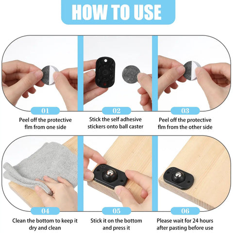 Step-by-step guide for installing 16 Piece Self Adhesive Caster Wheels Set With 360 Degree Swivel on small appliances.
