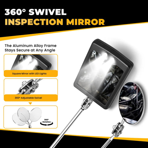 360 degree swivel inspection mirror from 7 Piece Telescoping Magnetic Pickup Tool Set With LED lights and adjustable handle.