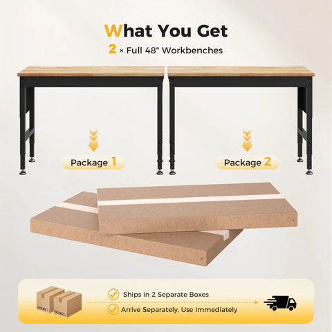 Beefy 96 Inch Adjustable Heavy Duty Workbench With 2000 Lb Load Capacity, two 48 inch units, rubber wood surface and steel frame