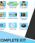 All In One RV Water Hookup Kit With Pressure Regulator Inline Filter Hose Splitter Flexible Connector And Quick Connect components