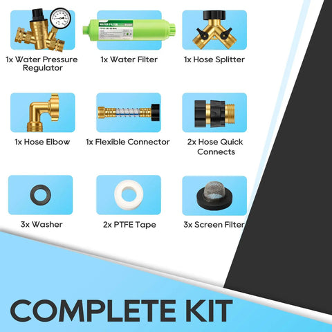 All In One RV Water Hookup Kit With Pressure Regulator Inline Filter Hose Splitter Flexible Connector And Quick Connect components