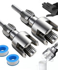 Two Pack Dual Function Pipe Threader Kit For Home DIY Internal And External PVC Cutter With One Half Inch And Three Quarter Inch Dies Electric Drill Compatible, showing metal threaders, gloves, and Teflon tape.