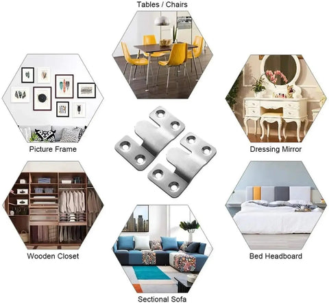 Forty Piece Stainless Steel Sectional Couch Connectors With Screws, Tough As Nails Interlock Brackets For Sofas, No Sweat Flush Mount Hardware displayed among furniture types.