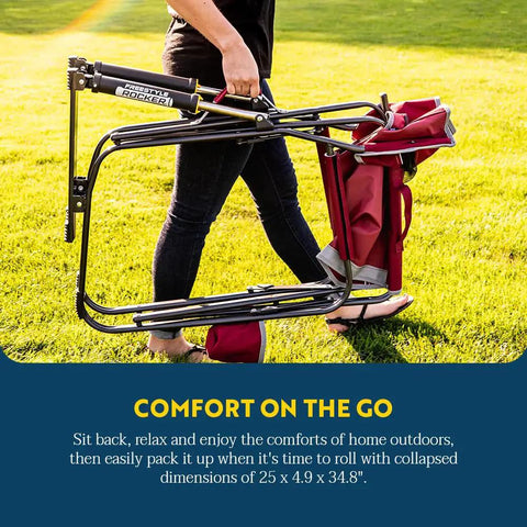 Person carrying a folded Freestyle Rocker Outdoor Rocking Chair With Beverage Holder Portable Camp And Patio Rocker For Lawn