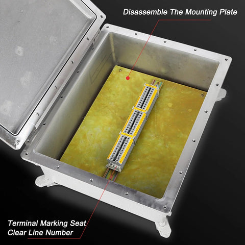 Waterproof outdoor junction box with lid open, heavy metal enclosure and yellow terminal block inside.