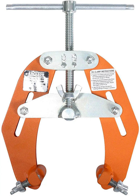 Tri Clamp Pipe Alignment Tool With Tough High Strength Steel Frame And Lightweight Design For One To Two And A Half Inch Diameter Fittings Durable Powder Coated Construction For Long Life And A Versatile Workhorse On The Job Site, front view.