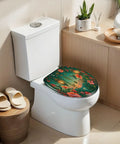 Elongated Tropical Garden Lanterns Vibrant Flowers Sunset Toilet Seat on a modern toilet with decorative plants.