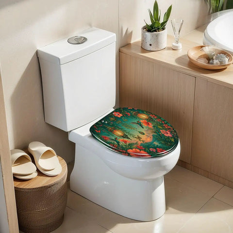 Elongated Tropical Garden Lanterns Vibrant Flowers Sunset Toilet Seat on a modern toilet with decorative plants.