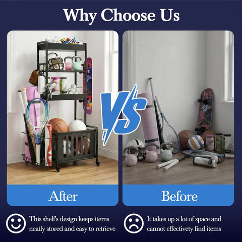 Rolling 4-Tier Sports Gear Organizer Carts With Wheels For Garage And Outdoor Use, Ball Storage Rack With Wire Basket And Fabric Bins, 4 Removable Hooks, Side Bat Rack, Easy Grab And Go Toy Gear Storage, Black shown organizing sports equipment compared to cluttered space.