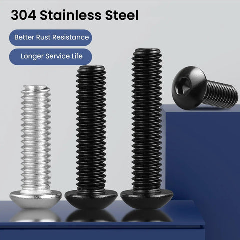 Three 30 Pack 5/16-18 X 3/4 Inch Button Head Socket Cap Bolts 304 Stainless Steel in black zinc on a blue surface.