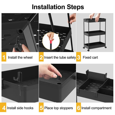 Installation steps for Space Saving Slim Storage Cart With 3 Tier Rolling Utility Smart Organizer Fits Tight Spots In Narrow Gaps In Bathroom Kitchen Laundry Or Office Black