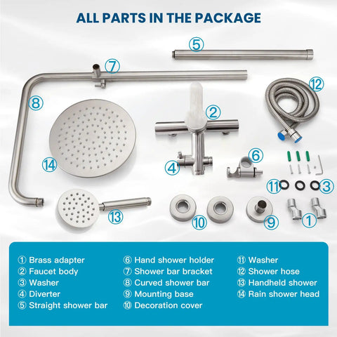 Outdoor Shower System High Pressure Dual Function Wall Mount Rig components laid out with stainless steel fixtures and brushed nickel finish.