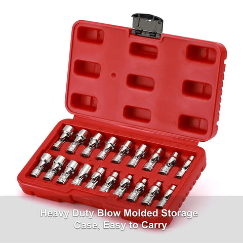 Built Tough 19 Piece Quarter Inch Drive Universal Joint Socket Set With Flex Wobble Sockets For Tight Spots Metric Five To Fifteen Millimeter And SAE Three Sixteenths To Nine Sixteenths Six Point Chrome Vanadium in red storage case