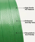 Close-up of Heavy Duty Green Polyester Strapping Roll showing high-tensile PET material, anti-slip texture, and eco-friendly features.