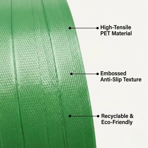 Close-up of Heavy Duty Green Polyester Strapping Roll showing high-tensile PET material, anti-slip texture, and eco-friendly features.
